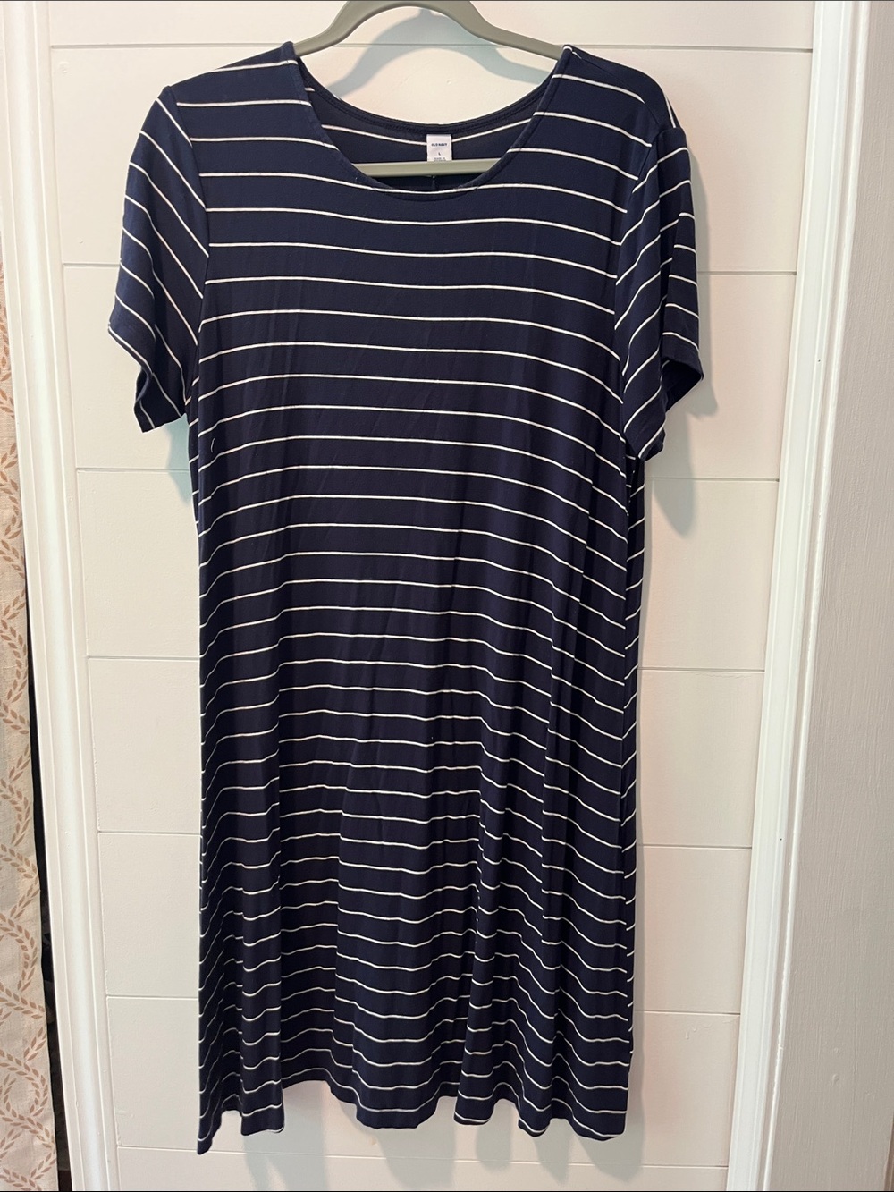 Old Navy Navy and White Striped Midi T-Shirt Dress